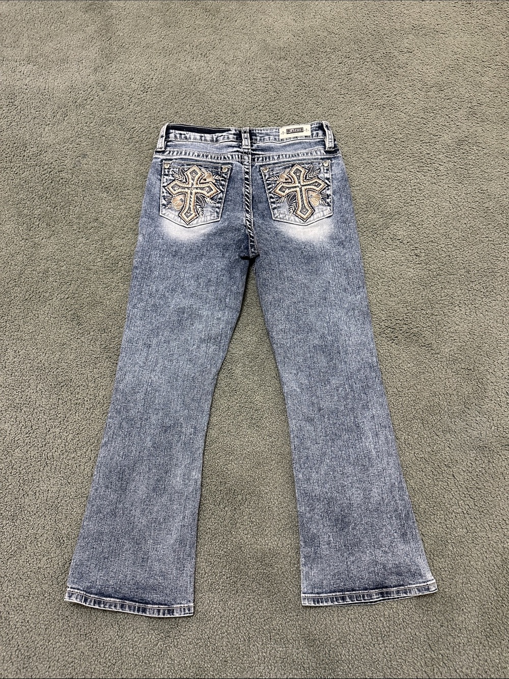 Fleur by Miss Me embroidered rhinestone cross y2k style blue flare jeans